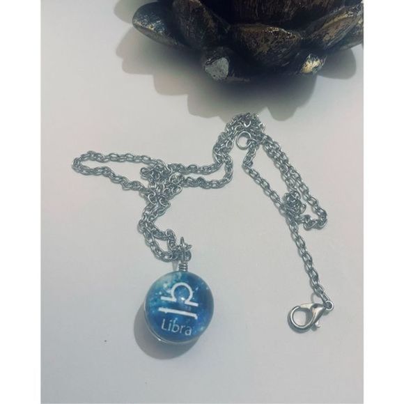 Libra BLUE GLOBE ZODIAC STAR SIGN HOROSCOPE NECKLACE - Picture 2 of 8